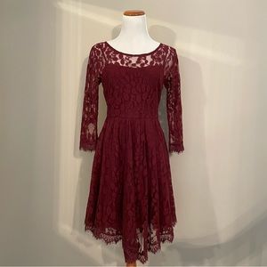 Free People Burgundy Lace Dress with Handkerchief Hem